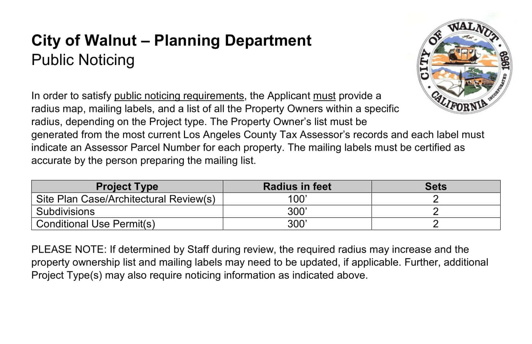 City of Walnut Planning Department Public Noticing.provide mailing labels of neighboring properties of at least one-hundred (100') feet or three-hundred (300’) feet around the Subject Property along with a radius map indicating the specific parcels being notified 