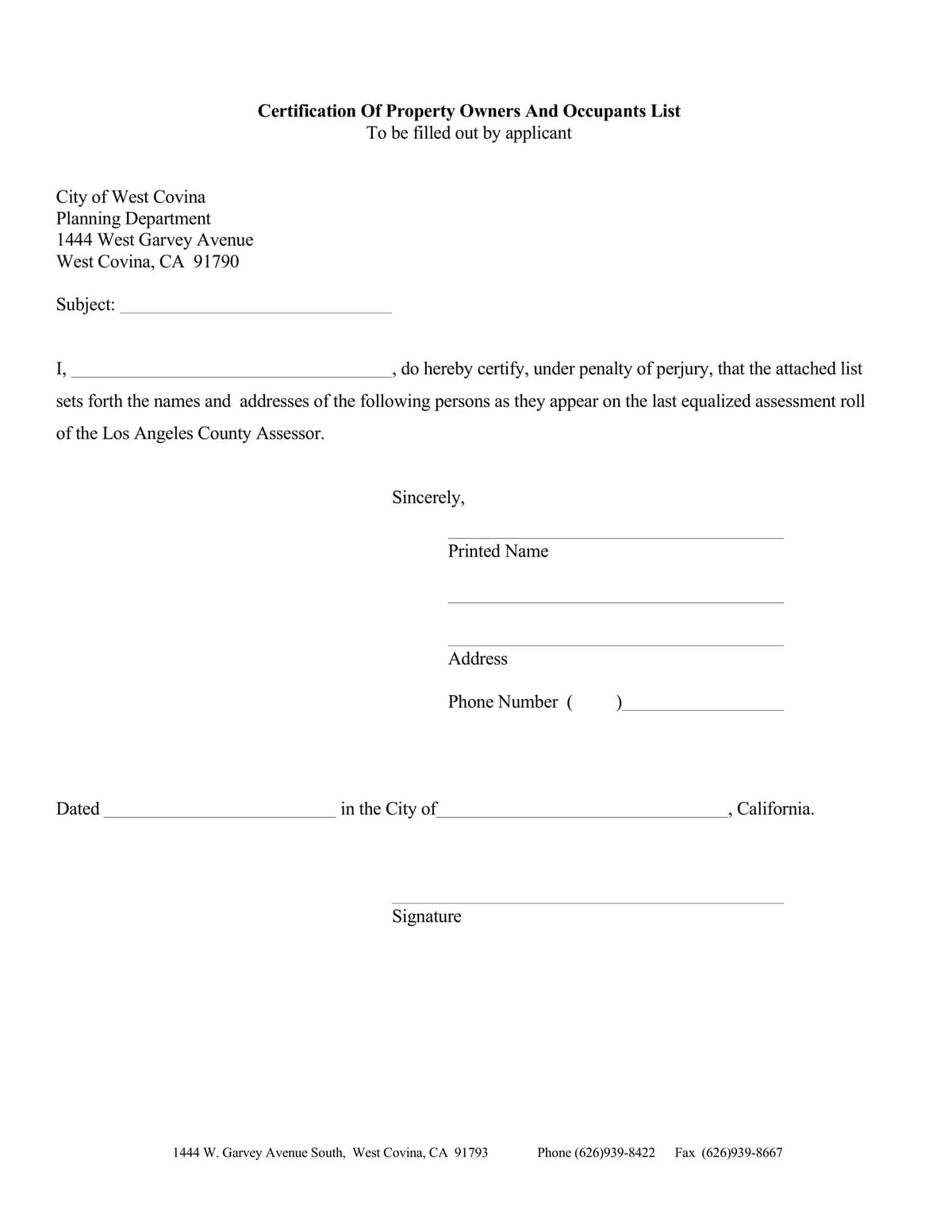 West Covina official notarized Certification of Property Owners and Occupants List form