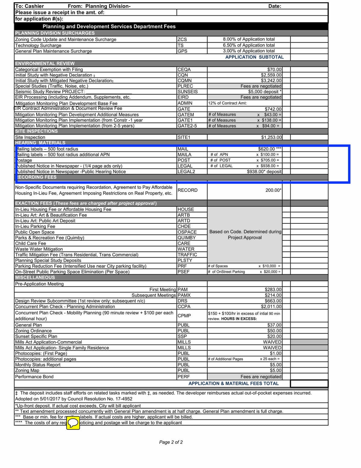 West Hollywood fee schedule showing $620 MAIL fee for 500 ft radius mailing labels
