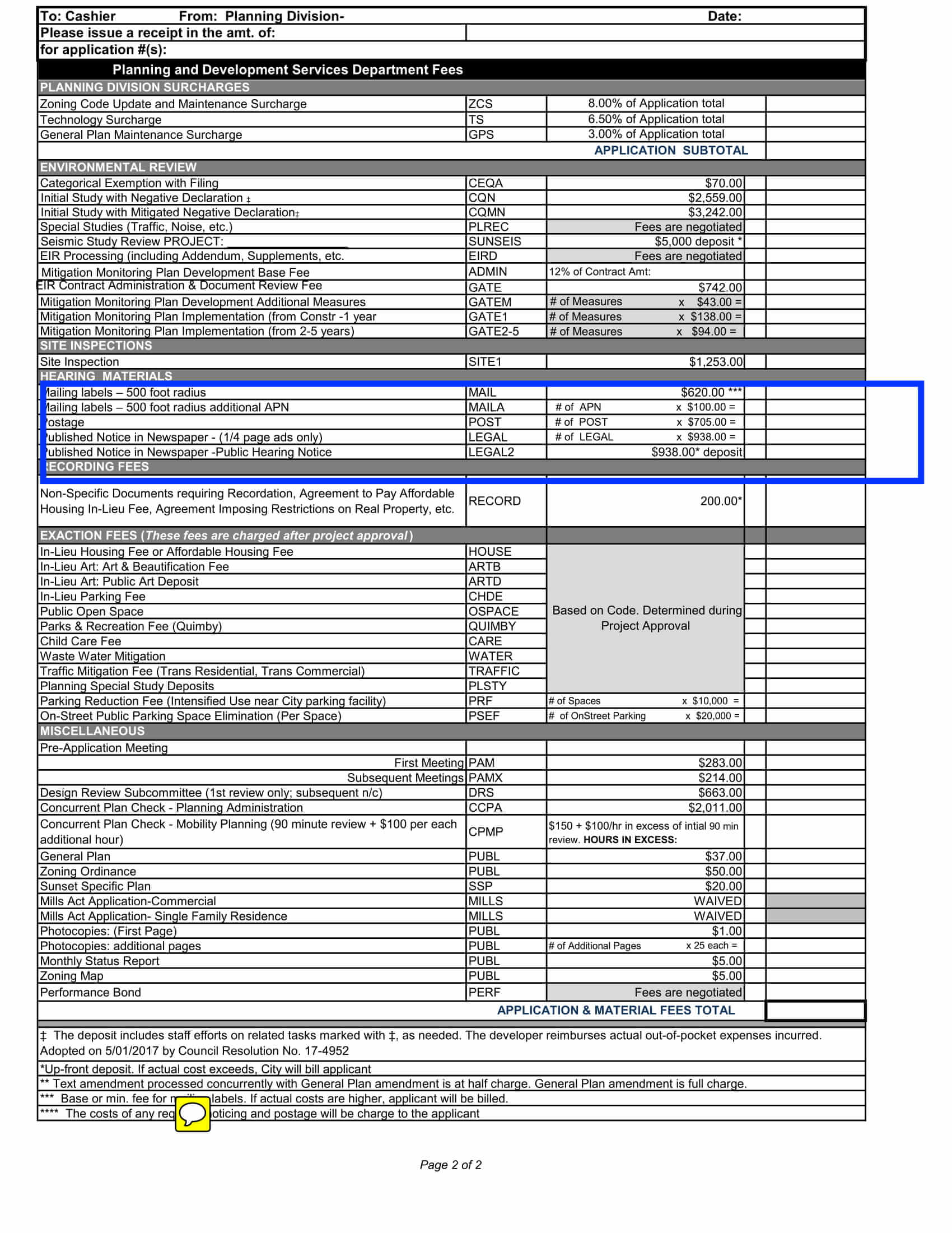 West Hollywood fee schedule showing $620 MAIL fee for 500 ft radius mailing labels