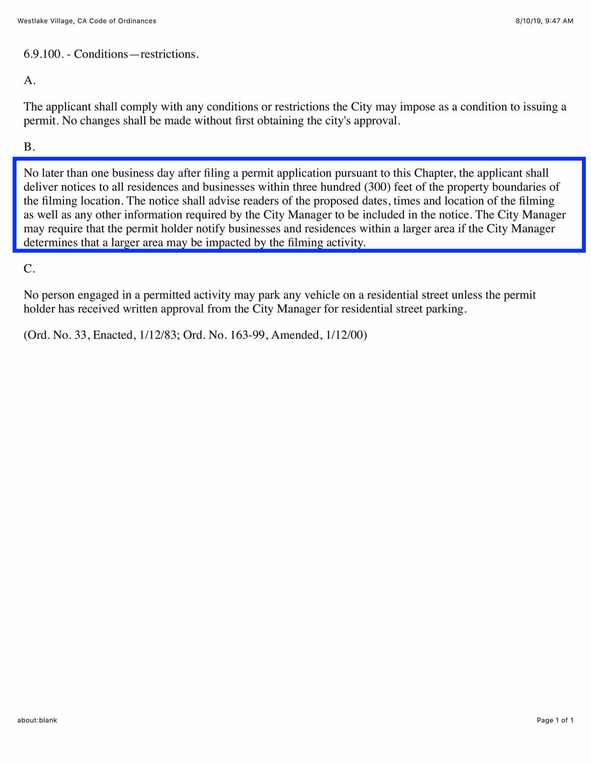 Westlake Village Municipal Code §6.9.100 – 300 ft notification to residences & businesses required