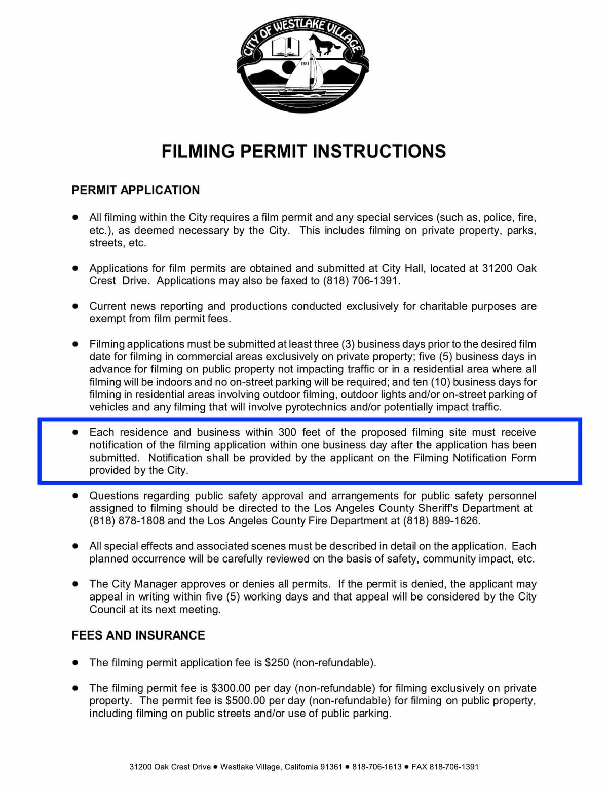 Westlake Village film permit instructions – 300 ft radius notification within one business day