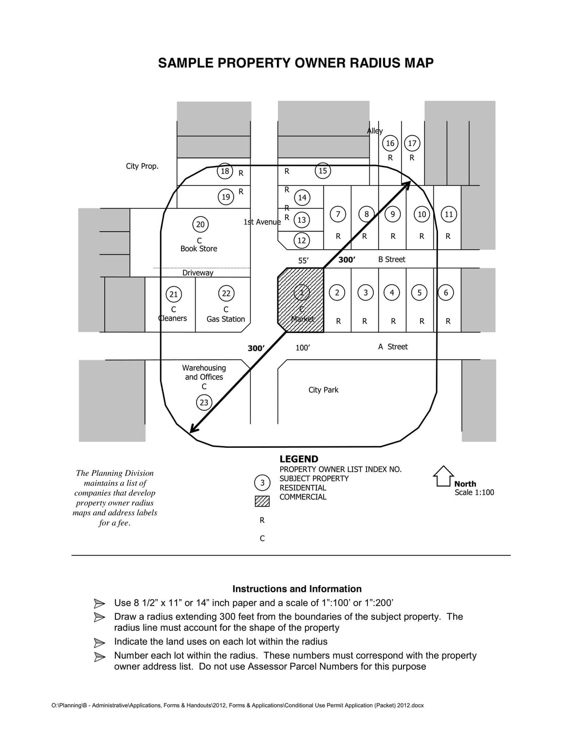 Whittier official sample property owner radius map – 300 ft with numbered lots, no APNs