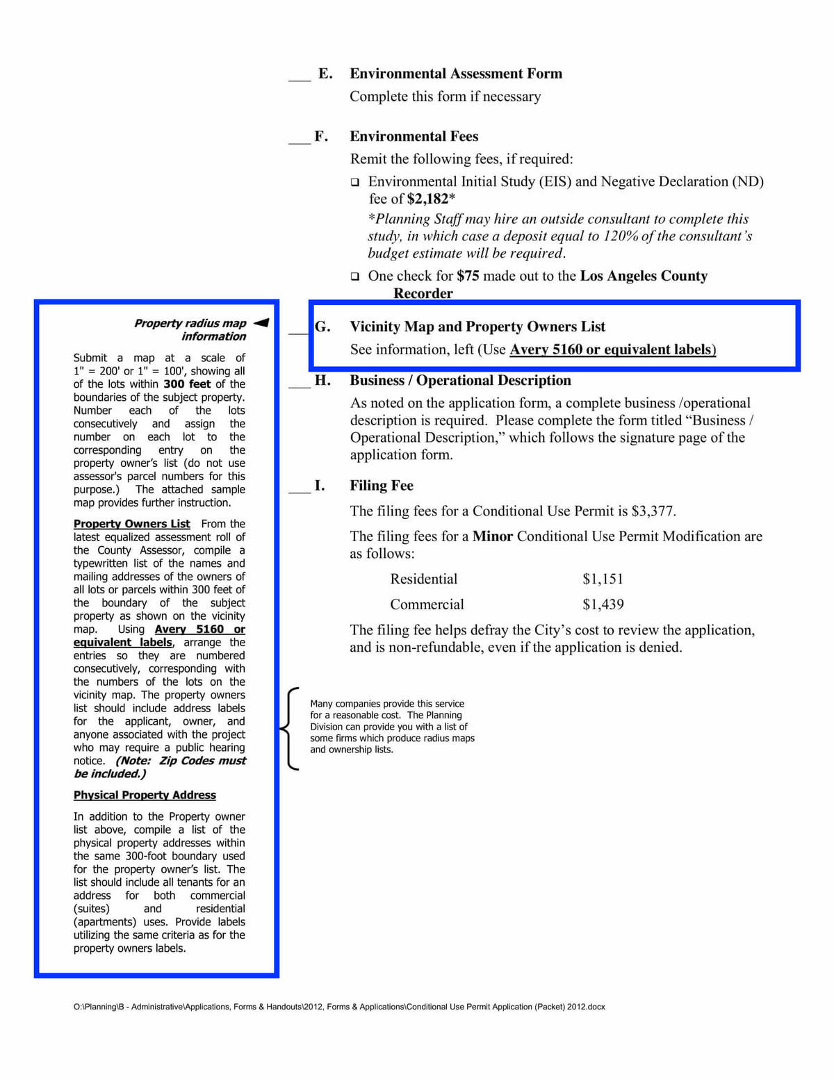 Whittier Conditional Use Permit requirement – 300 ft radius map + owner & tenant labels using Avery 5160